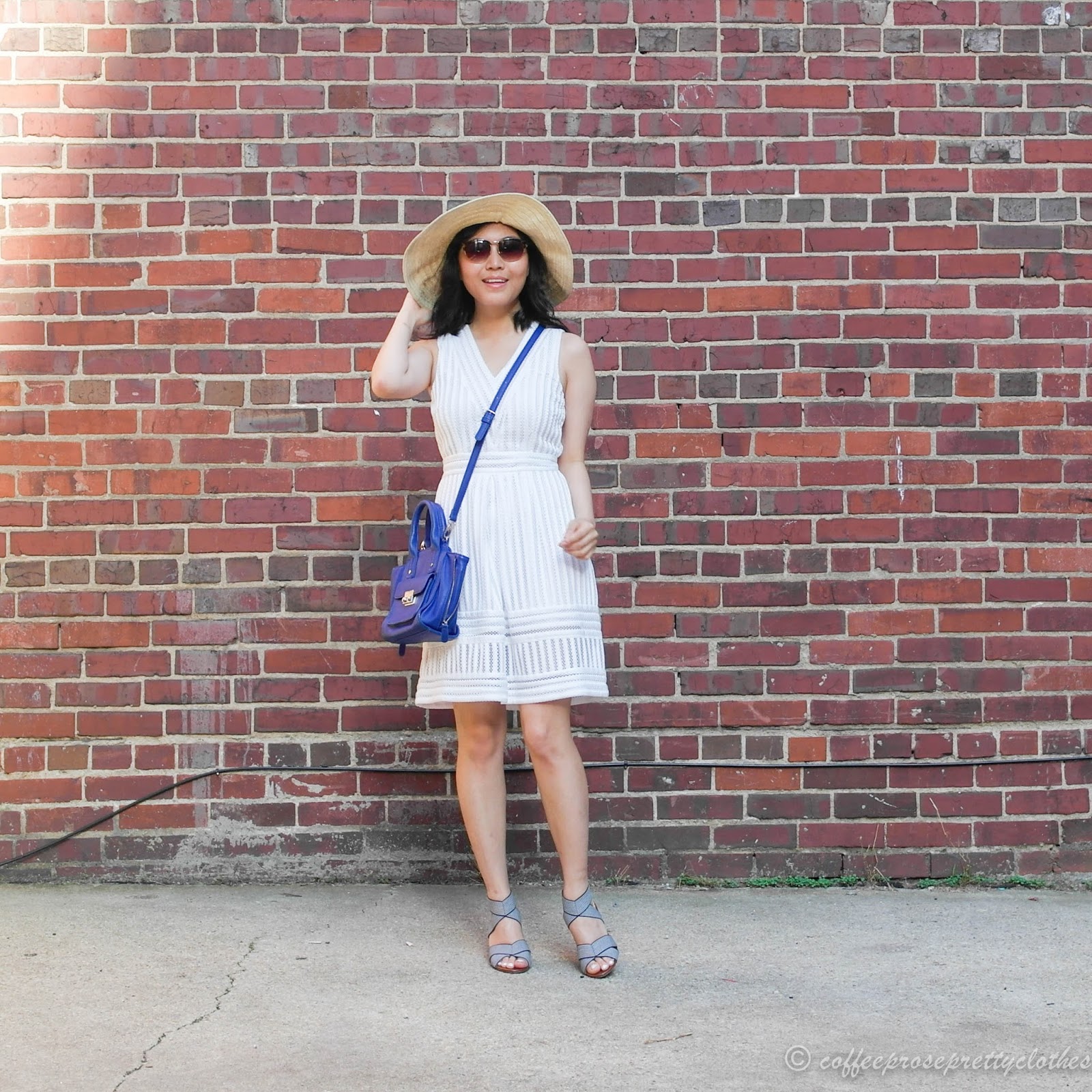 Summer Whites | White Mesh Dress and Elastic Sandals white mesh dress, straw hat, cobalt bag, Sole Society Joesy