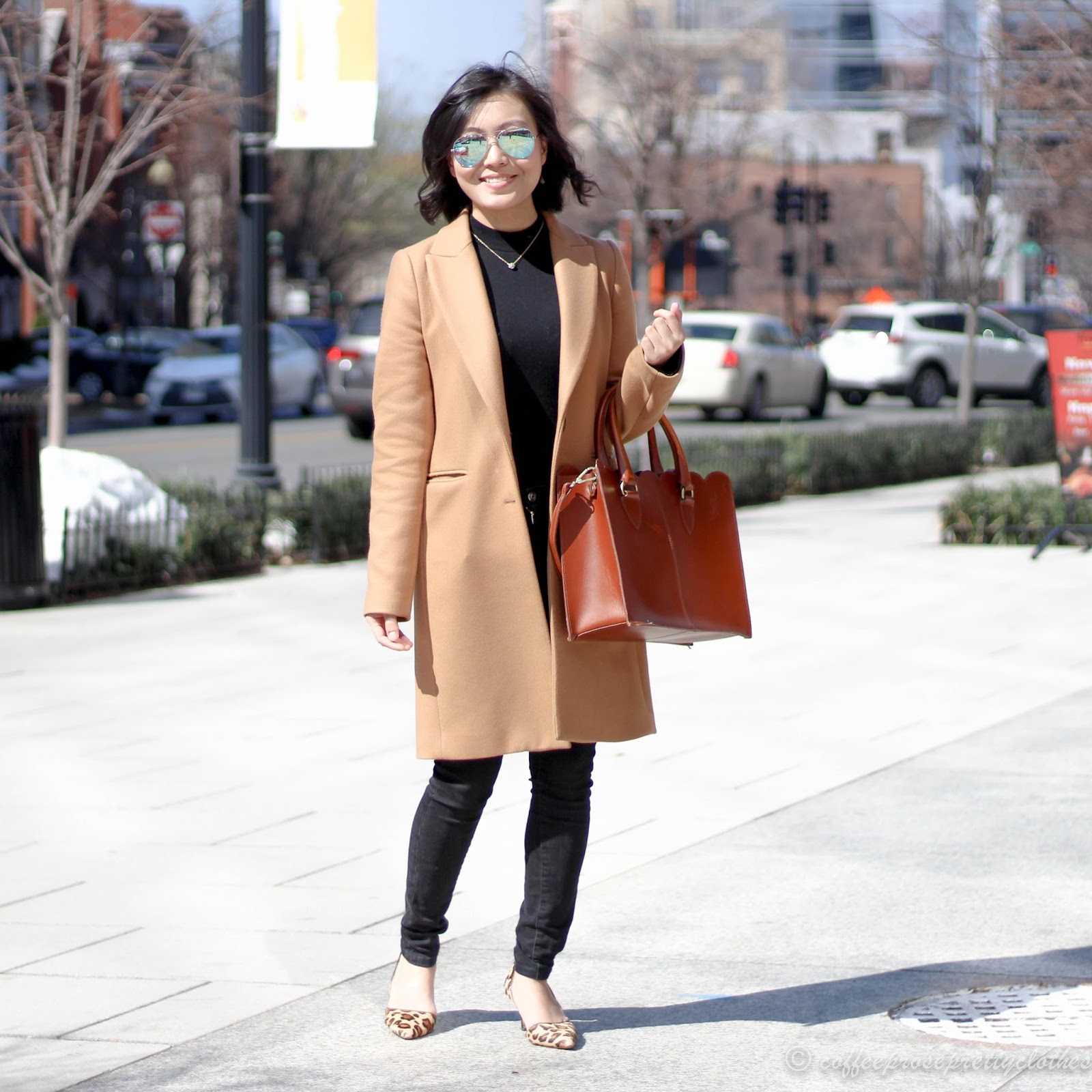 Camel Coat, black bodysuit, leopard heels