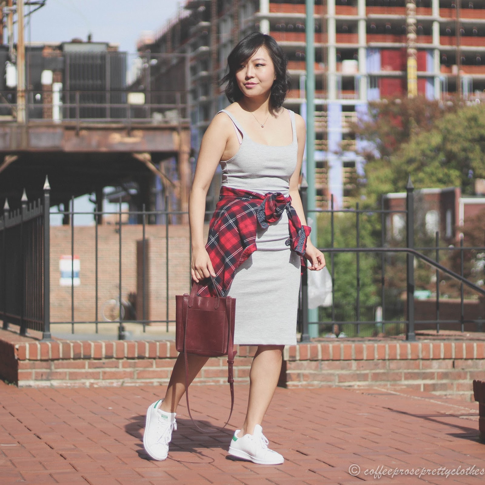 Grunge Inspired | Midi Dress and Stan Smiths Adidas Stan Smith, Madewell Transport, tank dress, plaid flannel