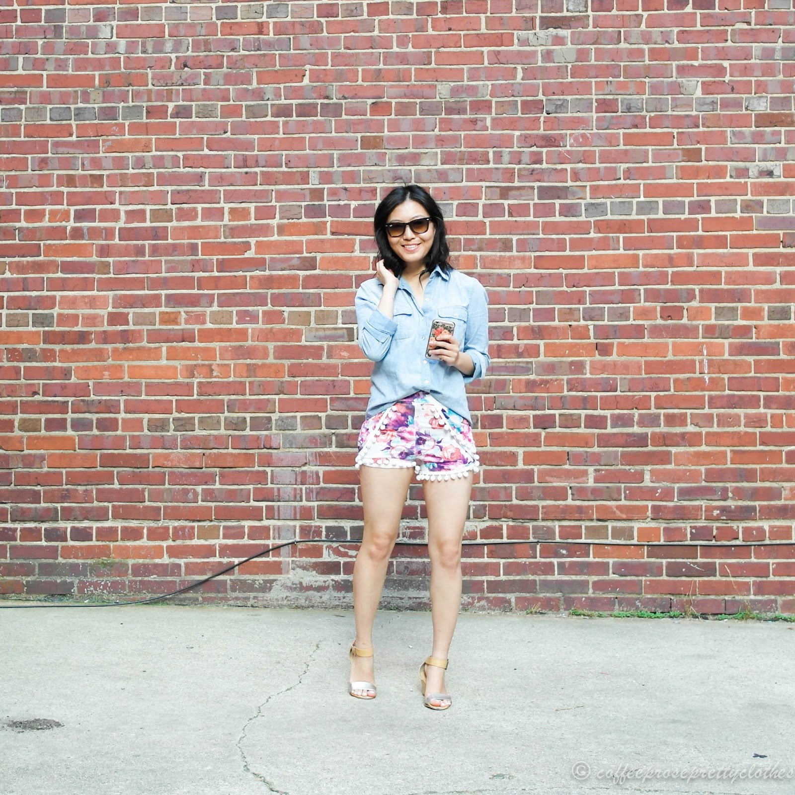 Health Nut boohoo pom pom shorts, chambray, Ray Bans, iPhone