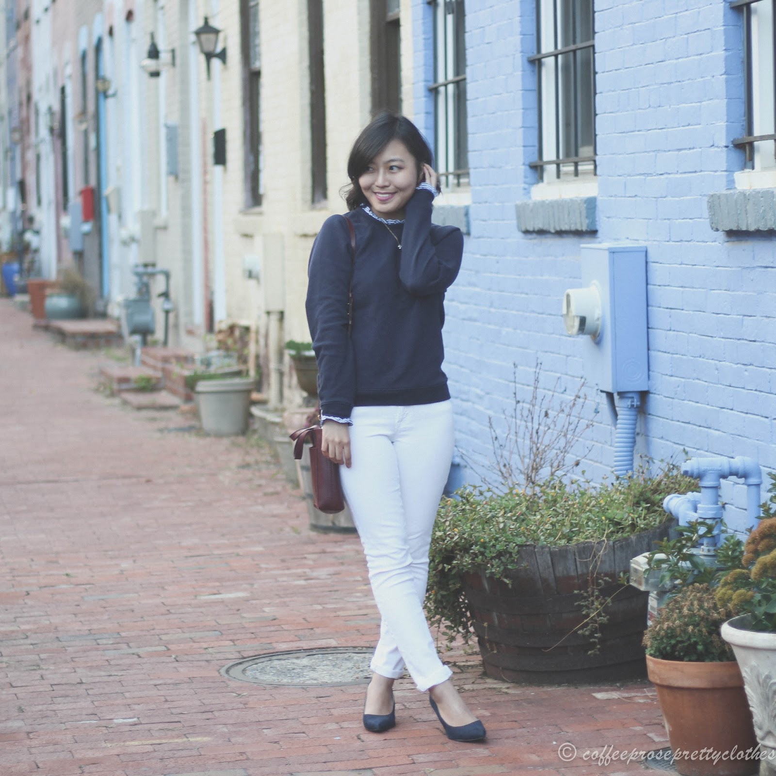 Sweater Weather | Ruffle Collar Sweater and White Jeans J.Crew Factory Sweater, J.Crew toothpick jeans, Madewell Small Transport Crossbody, Zara shoes