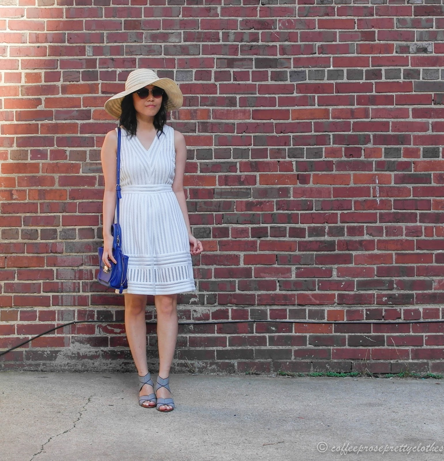 Summer Whites | White Mesh Dress and Elastic Sandals white mesh dress, straw hat, cobalt bag, Sole Society Joesy
